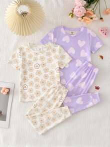 Young Girl 4pcs Random Blind Box Casual Simple Snug Fit Comfortable Round Neck Short Sleeve Long Pants Loungewear Set, Suitable For Spring/Summer, 4-Piece Set Young GirlS - Multicolor - View 5