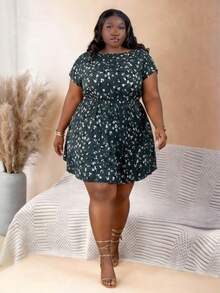 CurvyTilda Plus Ditsy Floral Print Batwing Sleeve Dress For Summer Elegant Vacation, For Hourglass Body Shape - Multicolor - View 4