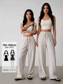 SHEIN PETITE Women's Striped Drawstring Waist Wide Leg Loose Casual Pants, For Daily Wear, Suitable For Spring, Summer And Autumn, French Holiday - Apricot - View 2