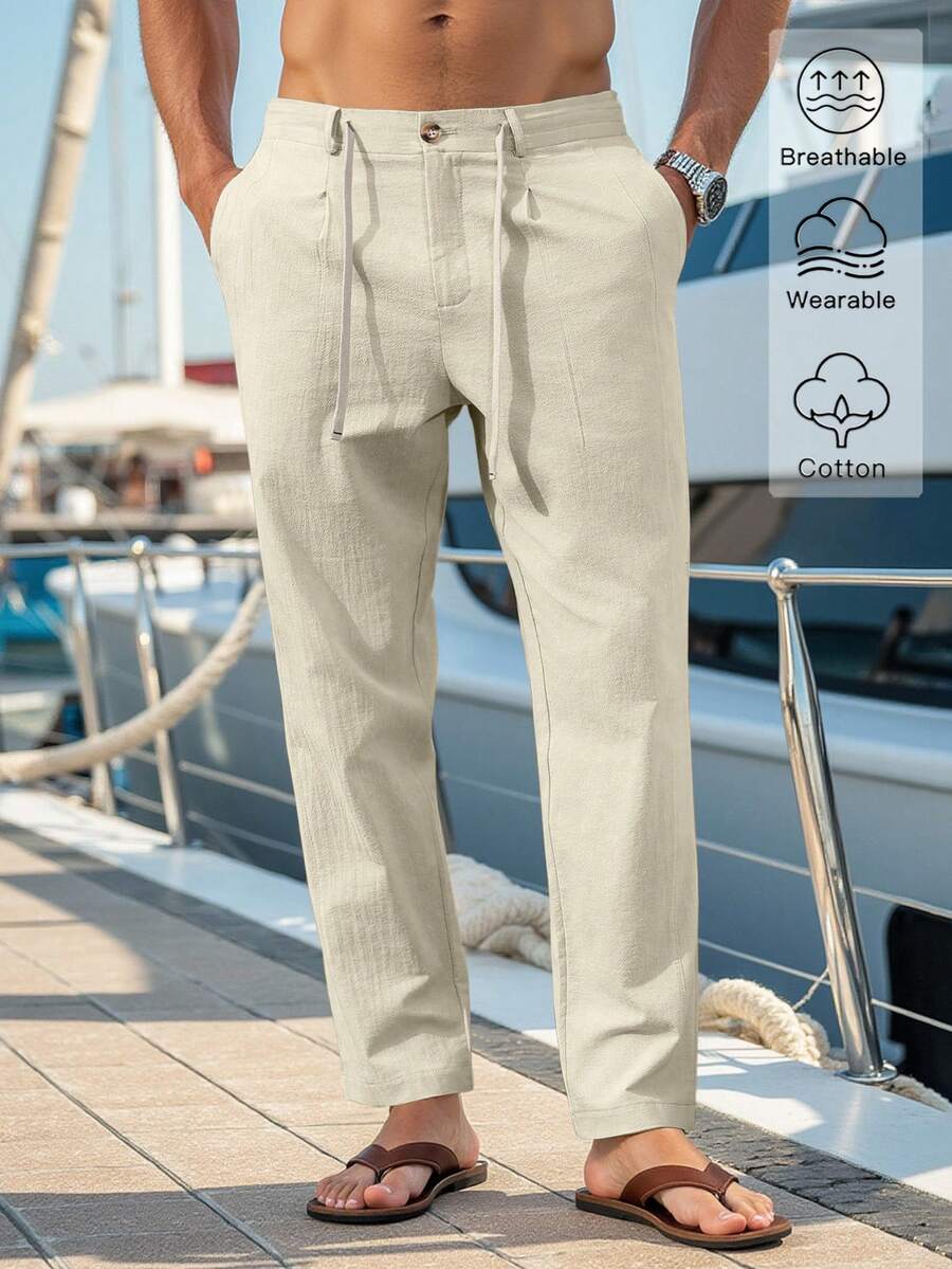 VENTUSAIL Men Solid Drawstring Waist Pants Tapered Long Slacks Linen Cool Plain Going Out, Fall, Holiday - Apricot - View 1