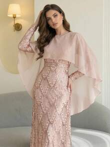 Modelyn 女士亮片拼布荷叶边下摆正式晚礼服，时尚休闲亮片拼布收腰修身连衣裙，适合派对、婚礼嘉宾、开幕式等场合。腰带可拆卸，上身雪纺面料拼接设计，时尚休闲，修身高贵。派对礼服 - 香檳色 - 查看 4