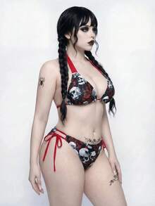 ROMWE Goth Plus Size Skull & Floral Print Swimwear Set - Black - View 5
