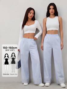 SHEIN PETITE 女款休閒條紋寬腿褲，適合通勤，小個女款 - 藍白色 - 查看 2
