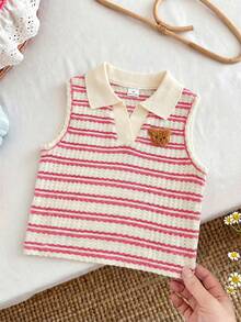 SHEIN LMoss Kids Áo polo kẻ sọc dệt kim hình gấu dễ thương cho bé gái, kiểu dáng thường ngày, thích hợp mặc mùa hè, quần áo trẻ em gái, áo polo kẻ sọc, áo kiểu mùa hè, trang phục đi học, trang phục hàng ngày. - Hồng - Xem 5