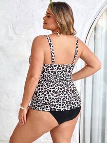 SHEIN CURVE+ Bộ đồ bơi tankini 2 mảnh in họa tiết dành cho nữ cỡ lớn, bikini hở lưng, thích hợp cho kỳ nghỉ hè. - Màu be - Xem 2