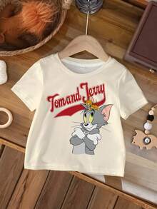 TOM & JERRY X SHEIN 男童卡通图案字母印花圆领短袖T恤 - 卡其色 - 查看 1
