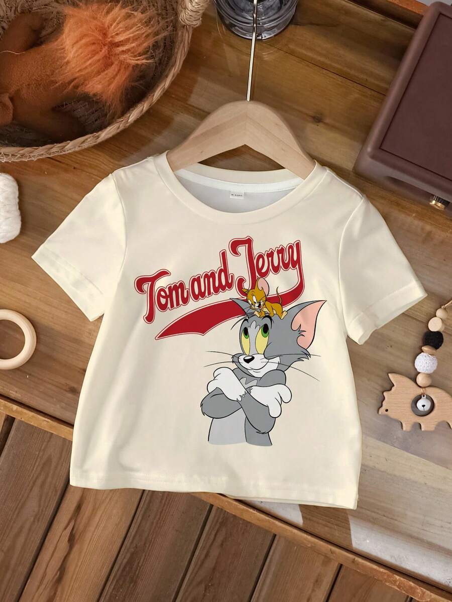 TOM & JERRY X SHEIN 男童卡通图案字母印花圆领短袖T恤 - 卡其色 - 查看 1