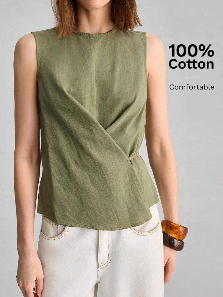 2026SS Spring/Summer New Women's Sleeveless Top, Loose Fit Solid Color Military Green Blouse, Minimalist Elegant Urban Chic Design, Suitable For Outings, Vacations, Parties, Weddings, Office, School, Fashion Versatile Women's Tank Top, Independent Day, Old Money