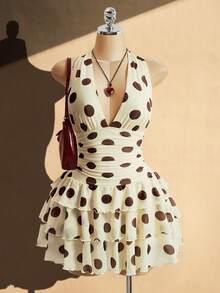 SHEIN ICON 大码女式深V领露背系带波点褶皱休闲派对连衣裙 - 黃色 - 查看 1