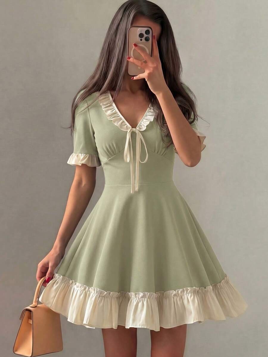 Modelyn 女士春夏针织黑色短袖拼接荷叶边A字优雅浪漫连衣裙 - 綠色 - 查看 1