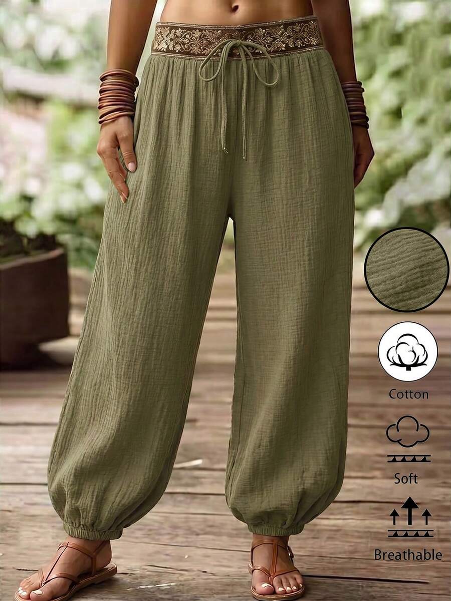 Louniche Quần ống côn dáng suông bằng vải cotton, phối eo, chất liệu mềm mại, thích hợp cho nữ mùa xuân/hè, phù hợp mặc hàng ngày và đi nghỉ mát. - xanh quân đội - Xem 1
