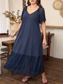 Lacomfia Vestido holgado de talla grande de manga dolman con cuello en V, parche de encaje y unicolor, para primavera/verano - Azul Marino - Ver 8
