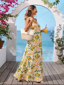 Vivid Eden Women's Backless Fruit Plaid Print Maxi Dress,Multicolor,Summer,Boho,Beach Vacation,Holiday,Holiday Spaghetti Strap Crisscross Back Slit Outfits - Yellow - View 4
