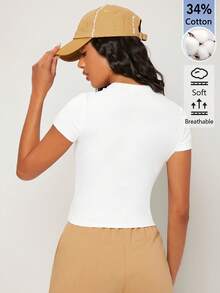 SHEIN BASICS Women's Solid Color Casual Round Neck Short Sleeve Cropped T-Shirt Tops For Women White Tops - White - View 11