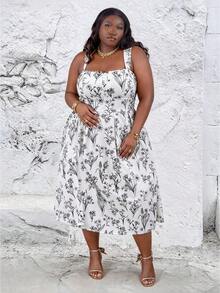 CurvyTilda Plus Size Apricot Base Black Retro Printed Maxi Dress With Adjustable Spaghetti Straps, Flared Hem Elegant - Multicolor - View 4