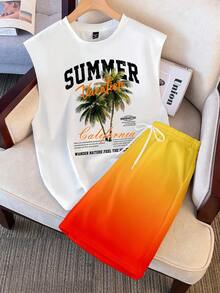 Solurane Bộ áo tank top nam dáng tiêu chuẩn, in họa tiết cây cọ, hoàng hôn, ombre, phong cách nghỉ dưỡng trên đảo, kiểu dáng thường ngày. - Nhiều màu - Xem 2