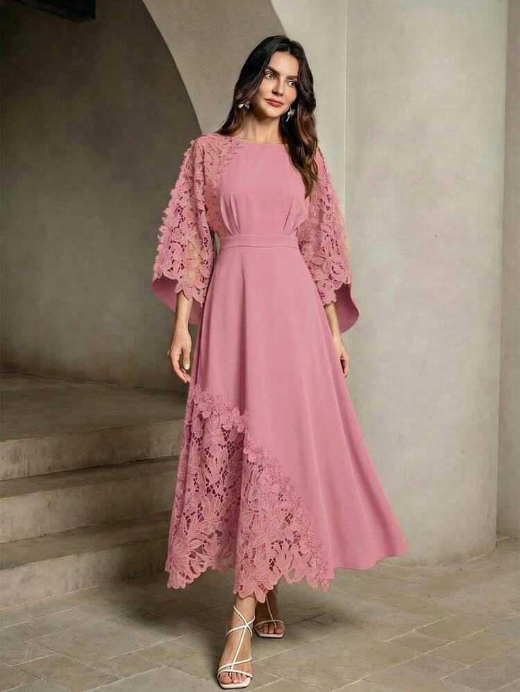 New Spring/Summer Women's Elegant Lace Patchwork Design Batwing Sleeve Dress