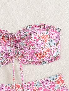 SHEIN Swim Bộ bikini dây rút mùa hè dễ thương dành cho nữ, không dây vai, họa tiết hoa xếp nếp, phối hợp với mặt dây chuyền ngọc trai tinh tế, có dây rút. - Nhiều màu - Xem 3
