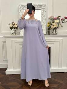 Yasmyna Women's Elegant Shoulder Cutout Flare Sleeve Contrast Lace Loose Arabic Style Dress - Purple - View 5