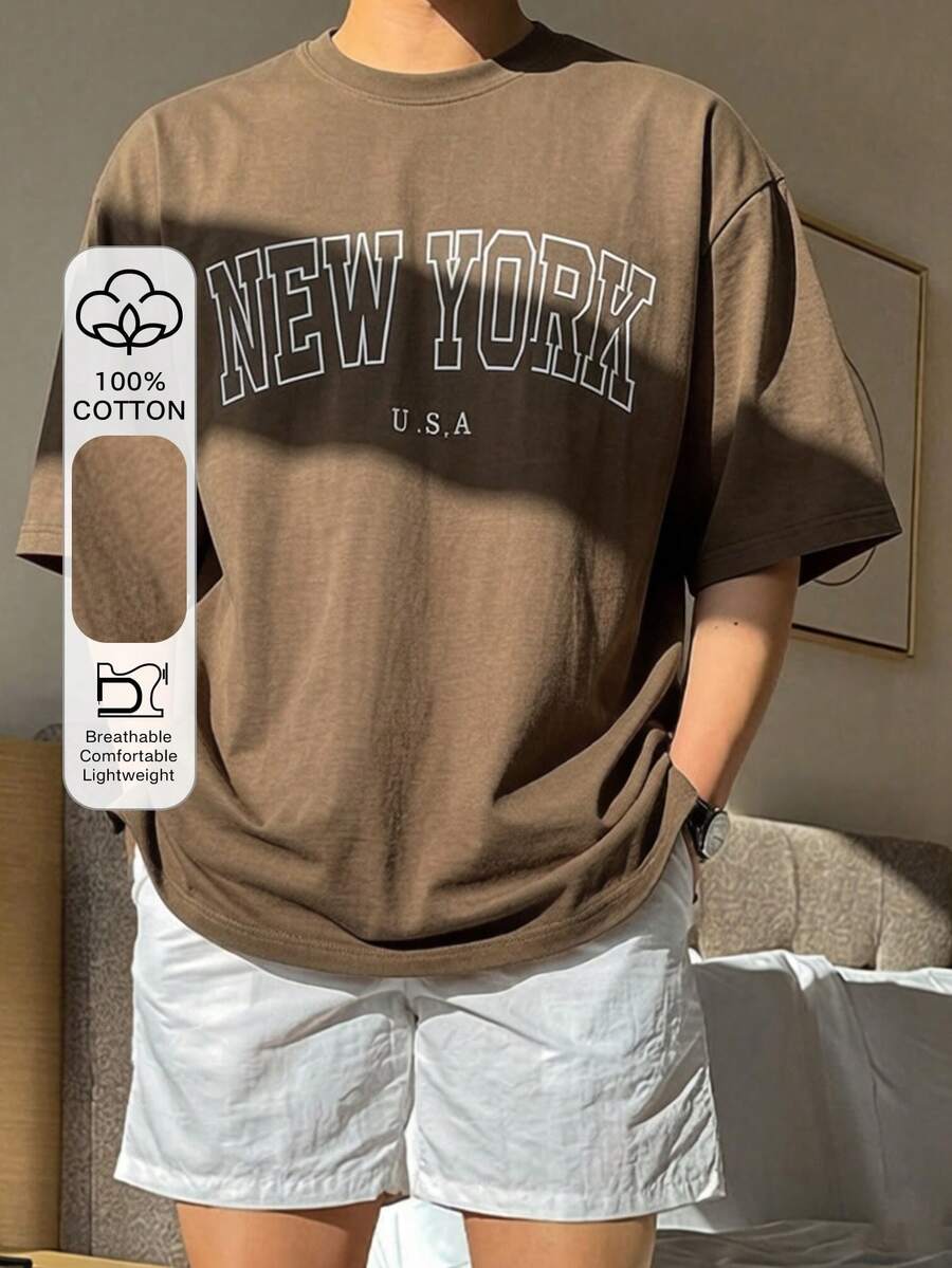 DAZY Áo thun nam màu nâu in chữ, kiểu dáng thường ngày, thích hợp cho mùa hè. - Màu nâu  Mocha - Xem 1