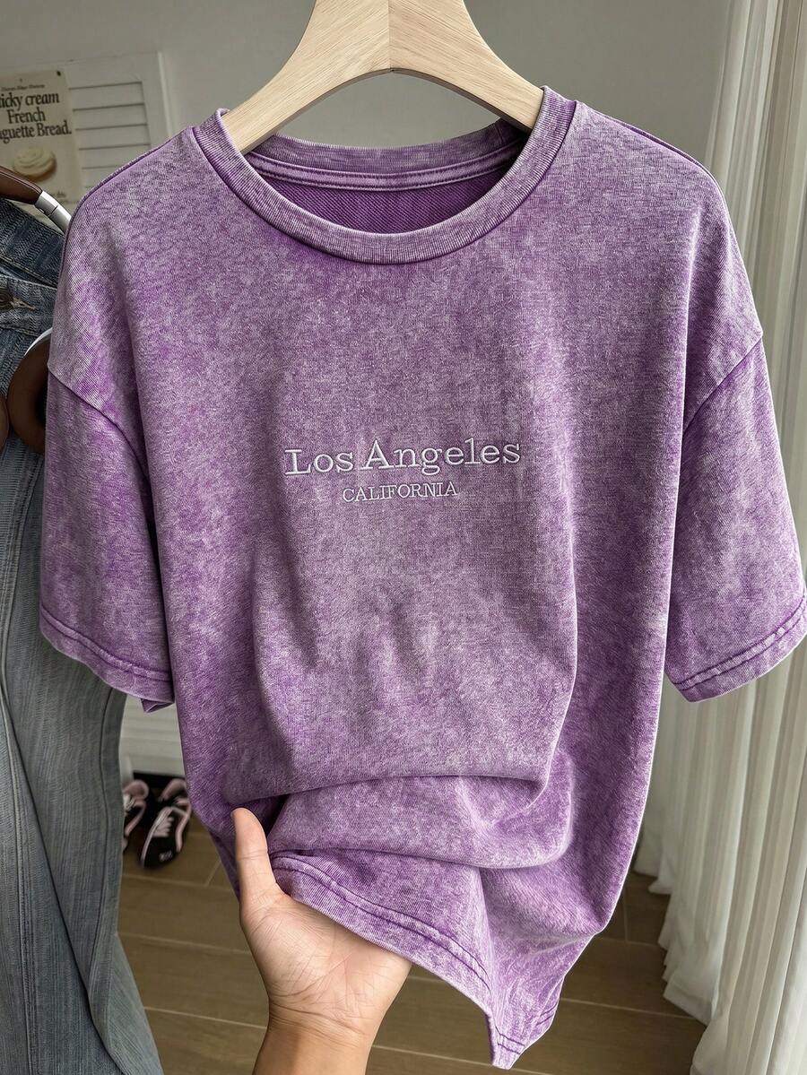 Comfortcana Plus Size Vintage Distressed Cotton Embroidered Loose T-Shirt Sport Vacation Purple Summer - Purple - View 1