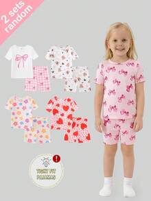 SHEIN [5-Set Random Delivery 2-Set] Baby Girls' Short Sleeve Pajama Set, Summer Thin Knit Fabric, Heart, Flower, Bow, Bear Print, Comfortable Tight Fit Round Neck Tee And Shorts Sleepwear Set - Multicolor - View 7