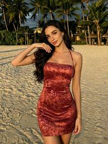 Modelyn Abito mini sexy da spiaggia romantico con stampa, con spalline a spaghetti e lavorazione a maglia, adatto per vacanze, per donna - Colore mogano - Visualizzare 3