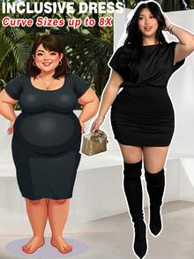 SHEIN CURVE+ Plus Size Women Solid Color Round Neck Casual Minimalist Short Sleeve Bodycon Dress - Black - View 1