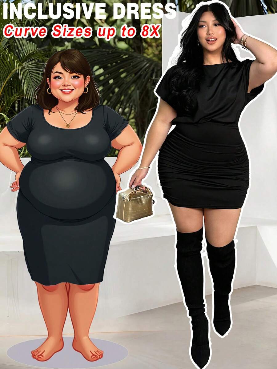 SHEIN CURVE+ Plus Size Women Solid Color Round Neck Casual Minimalist Short Sleeve Bodycon Dress - Black - View 1