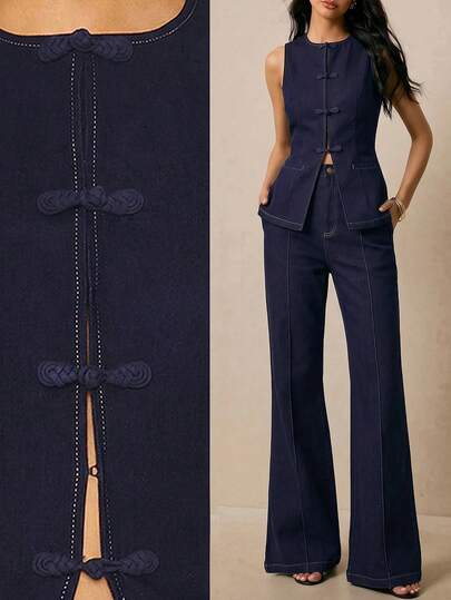 Poéselle Bộ áo gile và quần ống loe denim thường ngày dành cho nữ.