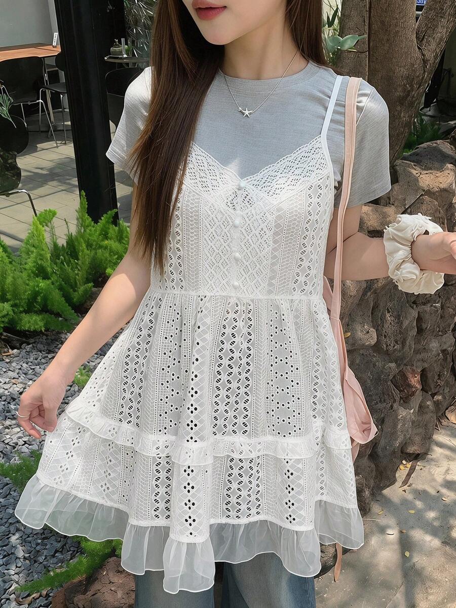 DAZY Camisola feminina com bainha franzida e bordado vazado - Bege - Ver 1