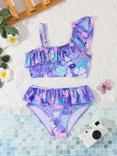 SHEIN Tween Girls Floral Print Bikini Sets, Cute Tropical Flower Pattern, Knit Fabric, Ruffled Two-Piece Swimsuit, Princess Style, Fashionable Casual Elegant, Suitable For Swimming, Beach, Pool, Summer Vacation, Holiday