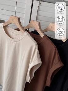 SHEIN LUNE 3pcs Women Casual Solid Color Basic , Short Special Fabric Batwing Short Sleeve T-Shirt, Relaxed Elegant Commute, Spring/Summer - Multicolor - View 4