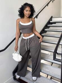 Alexandranx Women's Fashion 2 Pieces Set, Contrasting Color Splice 2 In 1 Cami Top & Pants, Suitable For Spring & Summer Casual Wear,Summer Sets - Dark Grey - View 3
