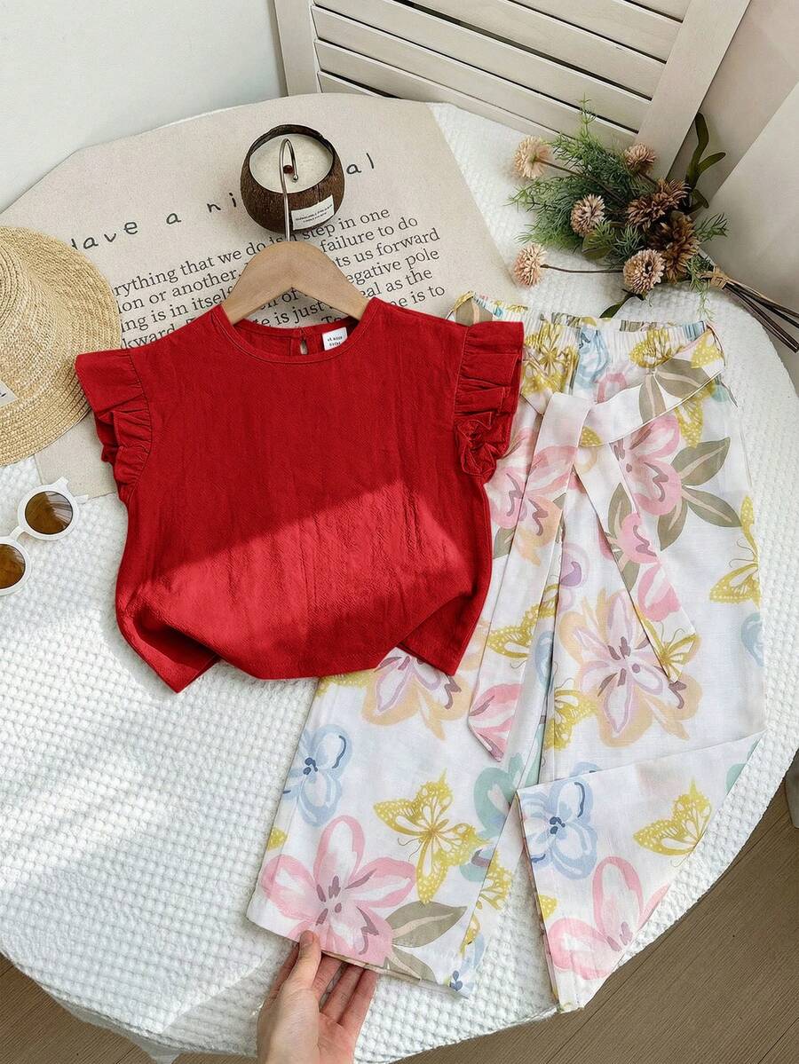LMoss Kids 2pcs Baby Girl Woven Solid Color Ruffle Collar Top And Loose Ditsy Floral Pants Set - Red - View 1