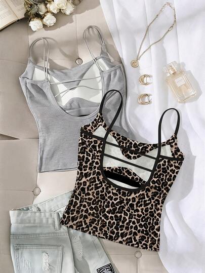 Tseoso Conjunto de 2 regatas femininas caneladas com bojo embutido nas cores cinza mescla e estampa de leopardo – regatas casuais e versáteis para o verão e todas as estações, com um toque macio e aconchegante, perfeitas para casa, escola, esportes, academia, looks urbanos e festivais de música.