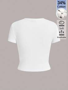 SHEIN BASICS Women's Solid Color Casual Round Neck Short Sleeve Cropped T-Shirt Tops For Women White Tops - White - View 2