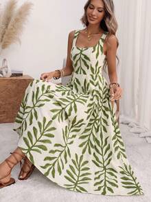 Vestido midi de línea A con espalda plisada, cintura ceñida, tirantes anchos y escote en U, con ajuste en la espalda, en estilo romántico de lunares grandes, elegante retro francés minimalista, adecuado para oficina, viajes, negocios, casual, playa, resort, primavera/verano - Verde 2 - Ver 5