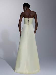 Elitara Elegant Formal Butter Yellow Spring Prom Wedding Satin Gown Handcrafted 3D Floral Strapless Back Tie A-Line Evening Dress With Short Train - Mustard Yellow - View 4