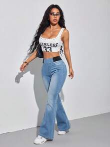 SHEIN PETITE 女款休閒日常通勤極簡百搭彈性高腰水洗喇叭牛仔褲 - 淺色水洗藍 - 查看 5