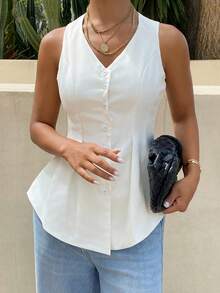 DAZY Solid Color A-Line Skirt With Waist Cinching, Sleeveless Elegant Single-Breasted V-Neck Vest Top - White - View 1