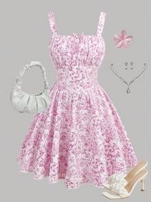 SHEIN Pitira Đầm ngắn hai dây họa tiết hoa nhí cho bé gái tuổi teen, kiểu dáng thường ngày, thích hợp cho kỳ nghỉ, lễ hội âm nhạc, tiệc tùng, trang phục đi biển. - Hồng - Xem 3