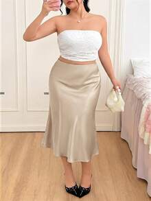 CovetEZ Champagne High-Waisted Solid Satin Skirt, Suitable For Party Office Date Wear, Spring/Summer Frenchy - Apricot - View 7