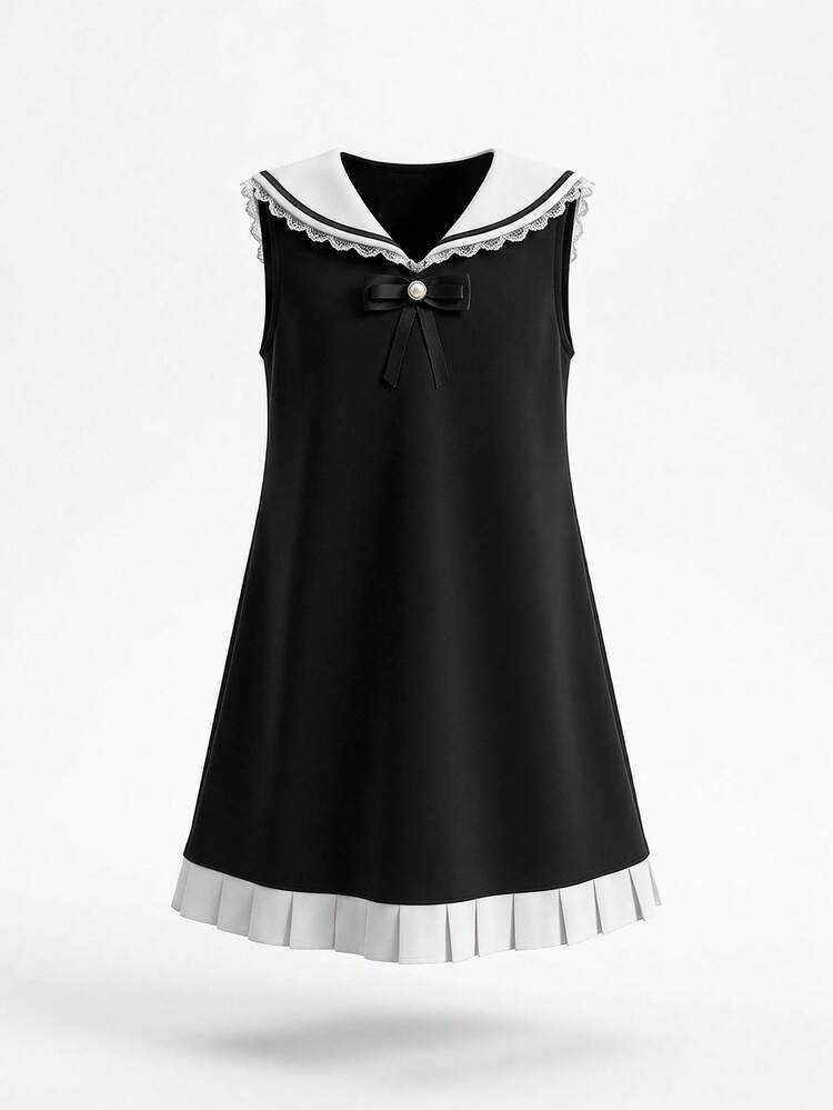 Girls' Navy Collar Sleeveless Dress, French Style, Summer New Arrival, Young Girl Fall Clothes, Girls (Small) Dress