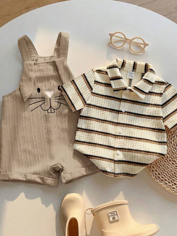 SHEIN 2pcs/Set Unisex Baby Casual Cute Holiday Knitted Colorful Striped Short Sleeve T-Shirt & Cartoon Rabbit Printed Blue Bib Pants Romper Set, Summer - Multicolor - View 1