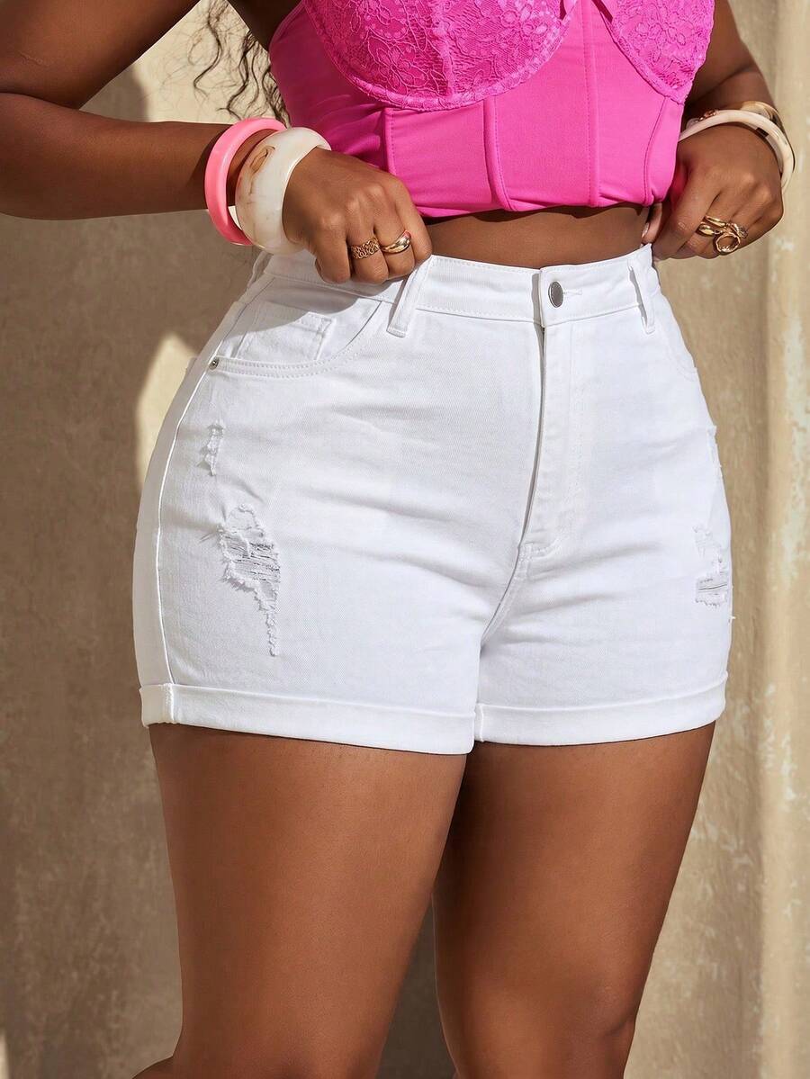 SHEIN SXY Plus Size Women Casual Distressed Pocket Button Denim Shorts - White - View 1