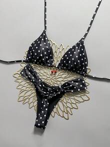 Swim Mod 2pcs/Set Spring & Summer Vacation Random Cherry Print Halter Triangle Cup Bra And Bikini Bottoms Sexy Women Swimwear Set - Black and White - View 1