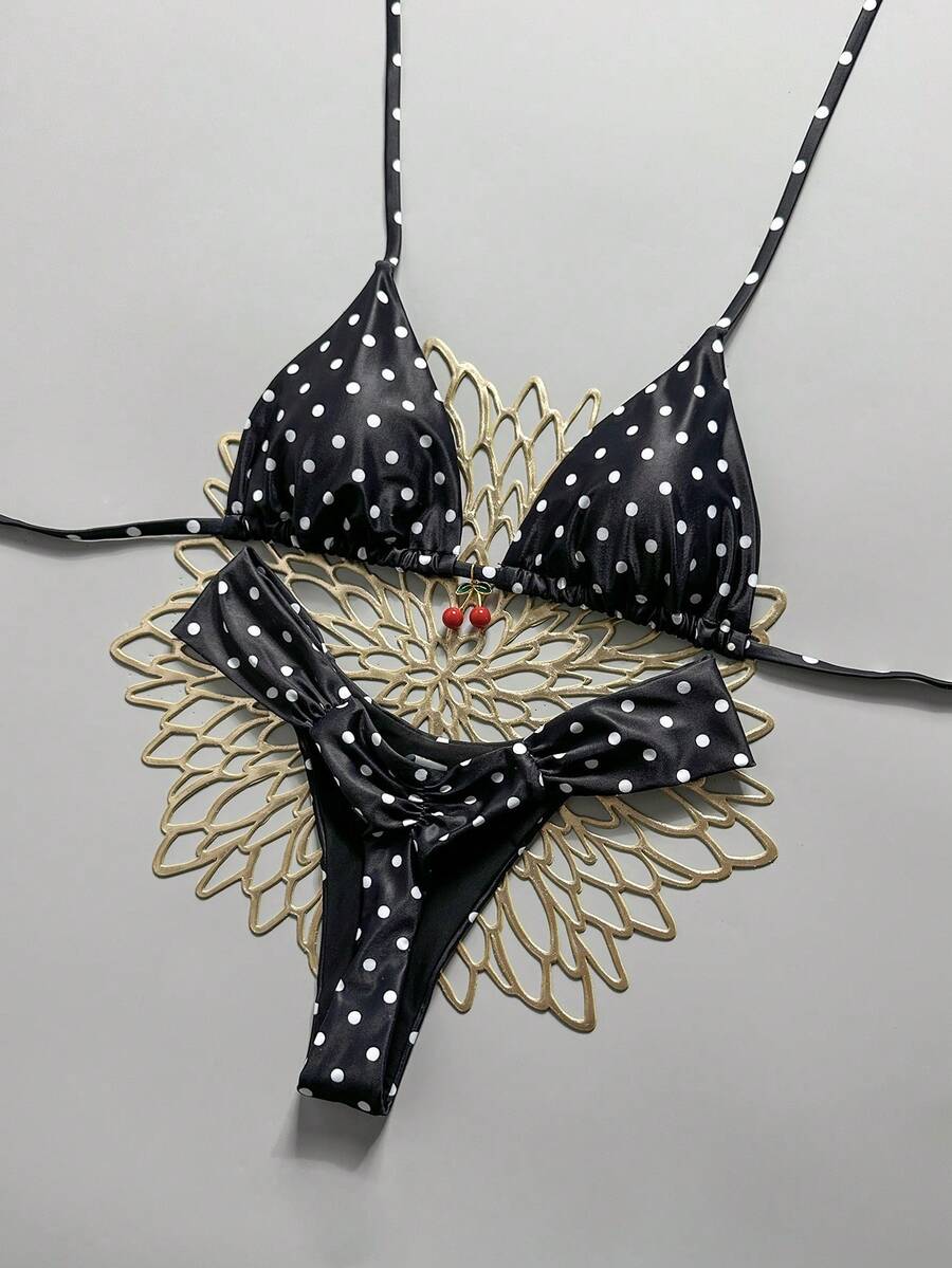 Swim Mod 2pcs/Set Spring & Summer Vacation Random Cherry Print Halter Triangle Cup Bra And Bikini Bottoms Sexy Women Swimwear Set - Black and White - View 1