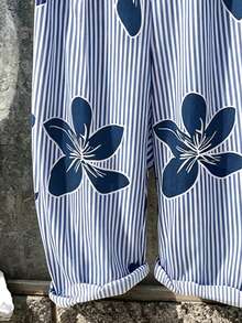 EMERY ROSE Plus Size Loose Minimalist Vertical Striped Print Jumpsuit - Blue and White - View 3