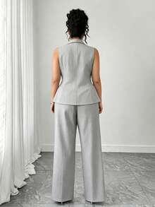 Elenzga Plus Size Women Commuting Minimalist Striped Vest And Pants 2 Pieces Set - Light Grey - View 2